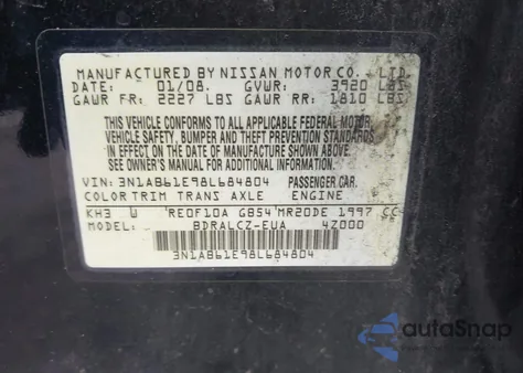 2008 Nissan Sentra 2.0 z USA, uszkodzony, nr VIN 3N1AB61E98L684804